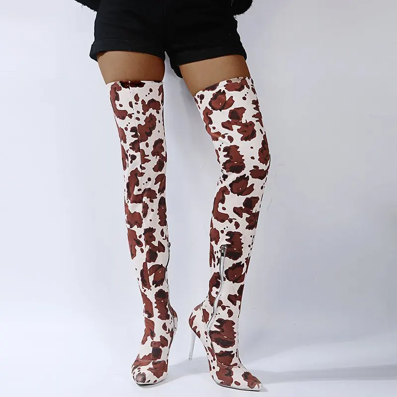 XINZI RAIN Western Women Long Boots Animal Print PU Leather 6-8cm Stiletto Heel Thigh High Women Over Knee Boot