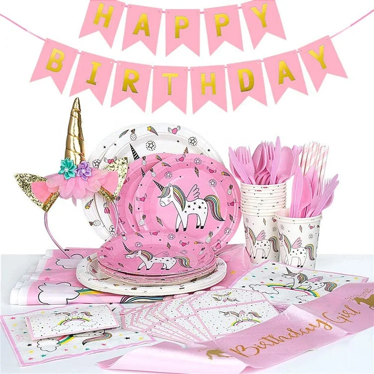 
Xiamen Stone Pink Birthday Party Tableware, 112PCS Unicorn Party Supplies Including Paper Plates Napkins Cups Banner Tablecloth 