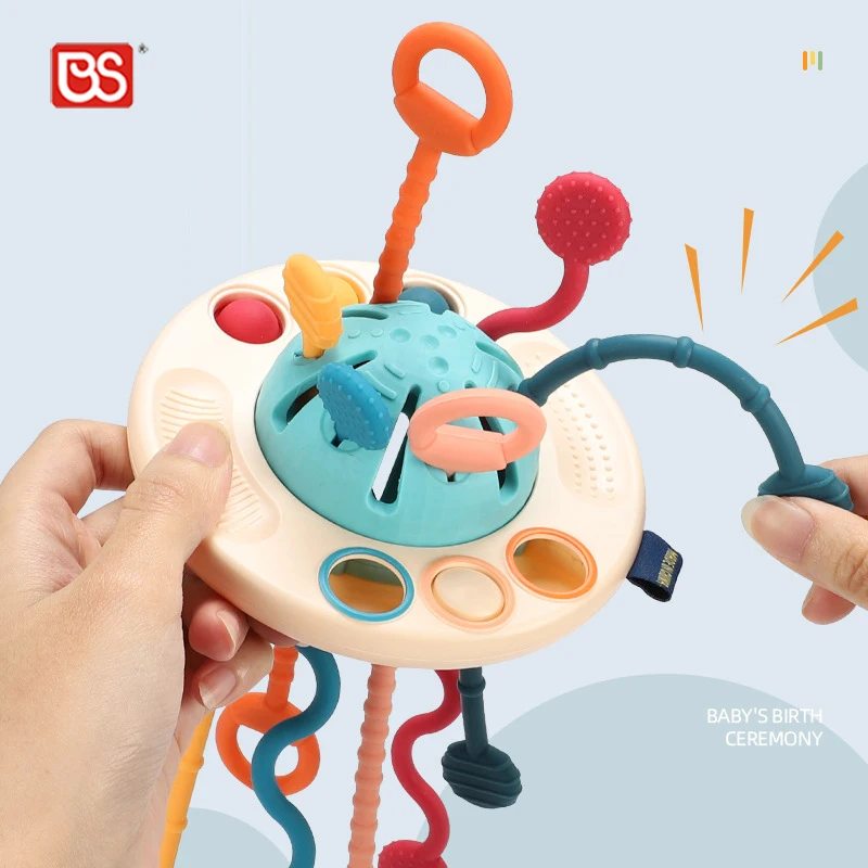 BS Toy Toddler Learning Sensory Development Silicone Pull Flying Saucer Shape String Music Other Baby Teether Toy For Sale