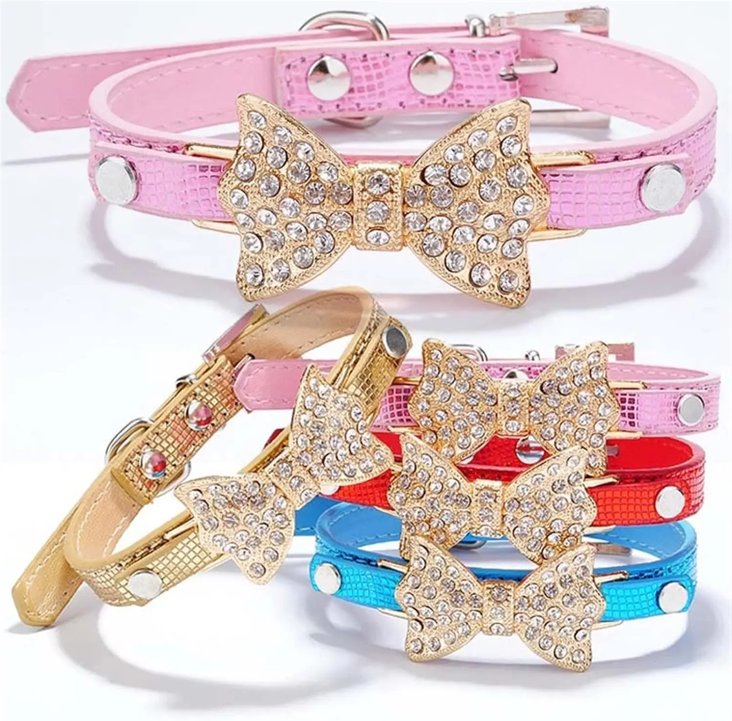 Wholesale Fashion Adjustable Dog Collar Pu Leather Pet Collar Rhinestone Bowknot Kitten Puppy Collars