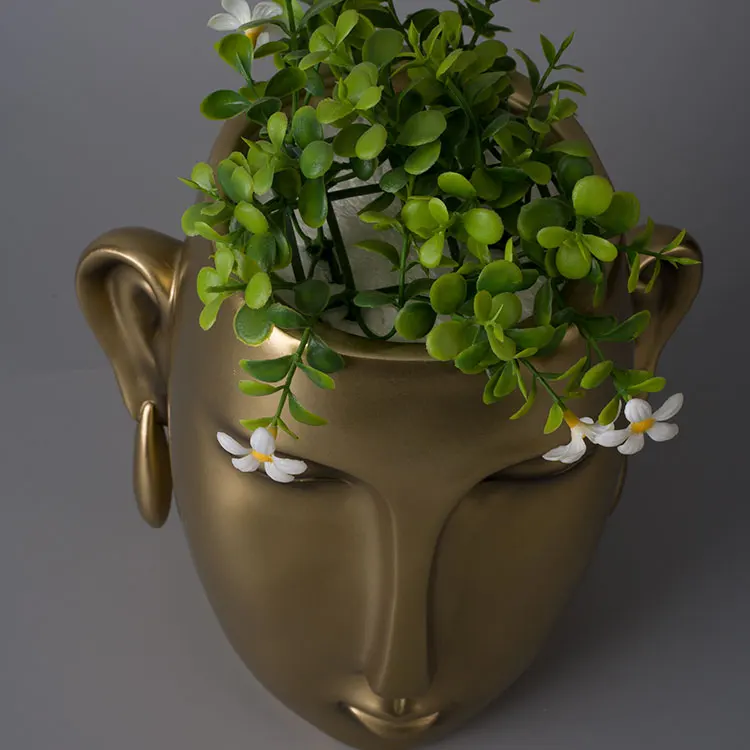 SE7 Custom Unique Other Gold Resin Indoor Home Decor Face Table Bum Flower Pot Floral Buddha Head Vases Flowerpot