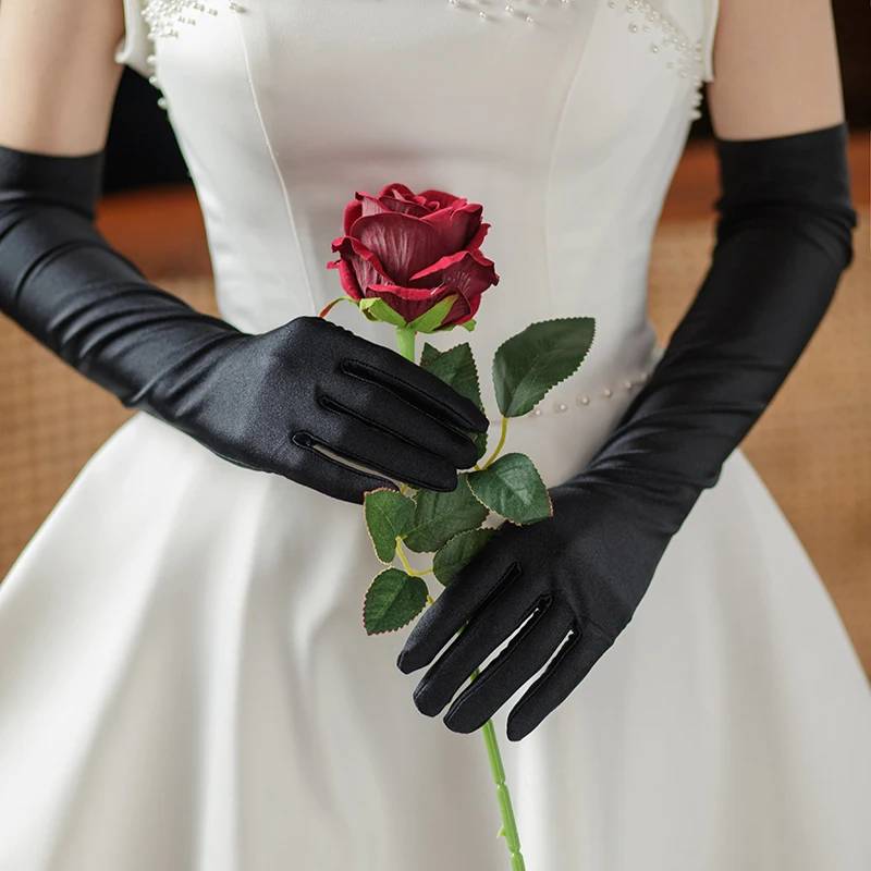 WG068 Elegant Wedding Bridal Black Gloves Full Long Satin Brides Bridesmaid Prom Evening Parties Gloves Women Accessories