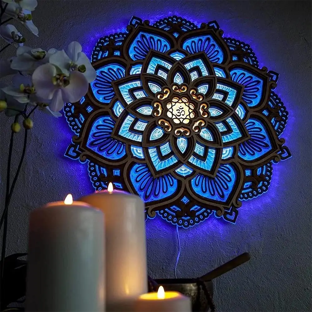 Timjay Wooden Mandala Yoga Room Night Light Multilayered Laser Cut Carved Light LED Elegant Wooden Hanging LED Wall Light Lamp