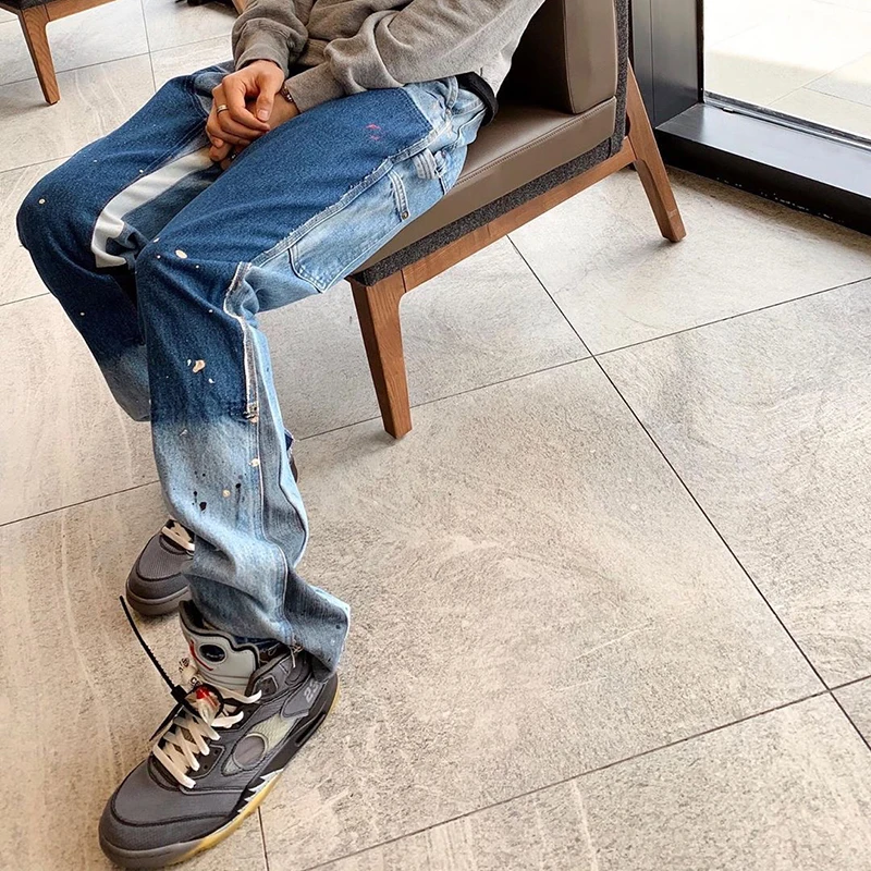 High street men color block spliced washed flare jeans straight Retro loose casual wide leg denim