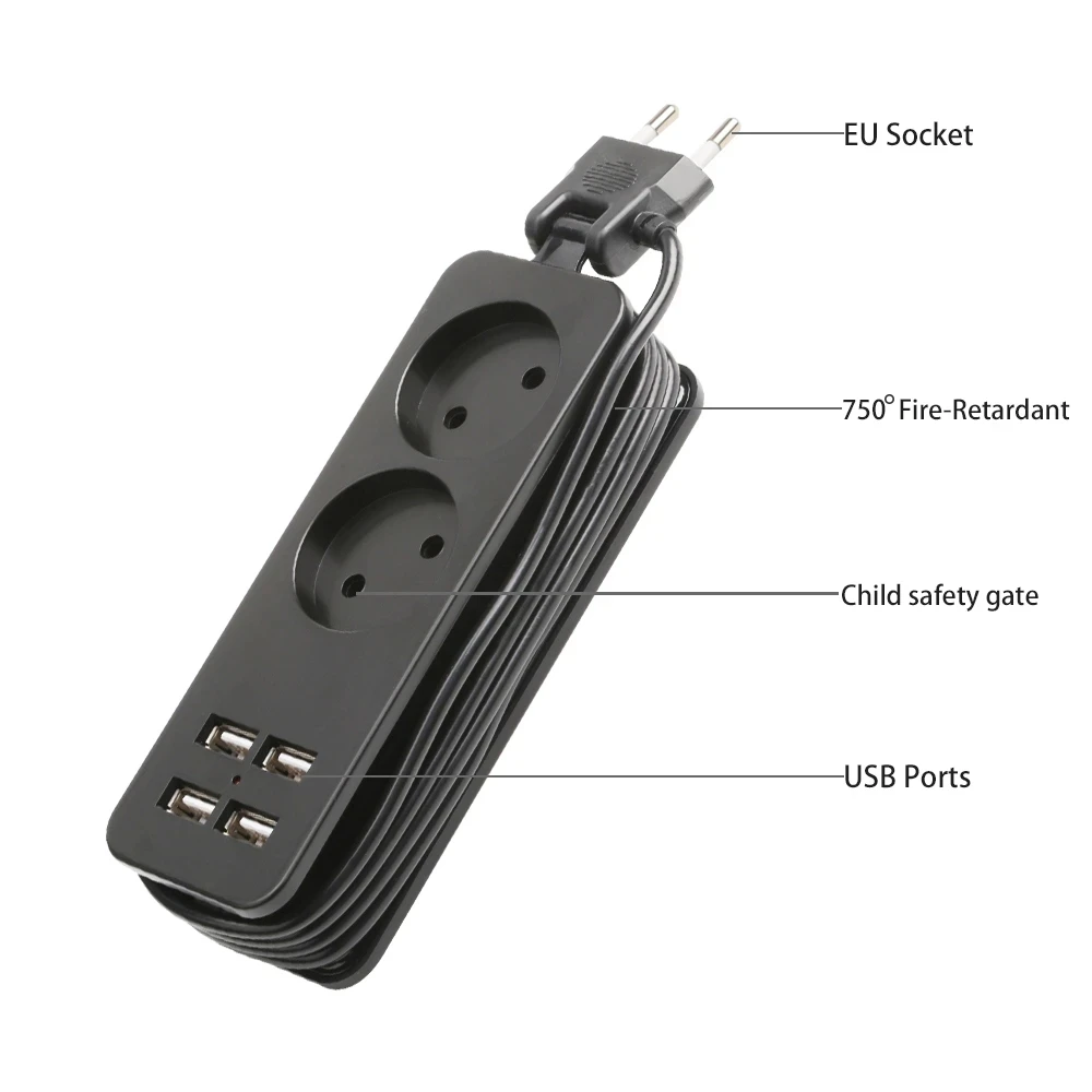 USB Desktop Socket 2 AC EU Plug Strip With 4 USB Charger For Mobile Phone iPad Light 1.5M Extension Socket Portable Plug Socket