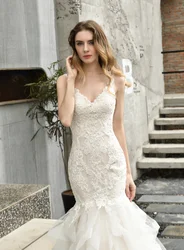 Красивое сексуальное кружевное свадебное платье на бретельках с V-образным вырезом в стиле русалки
