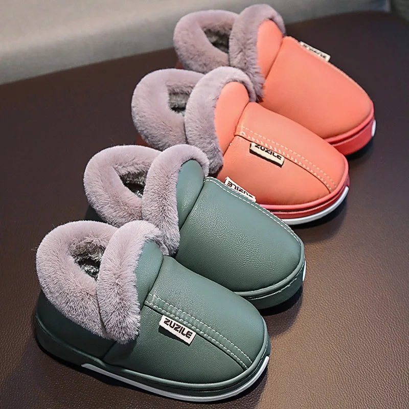 Winter Children Warm Shoes For Boy Girl Cotton Slippers PU Leather  Kid Non-slip Waterproof Shoes Fashion Home Warm Casual Shoes