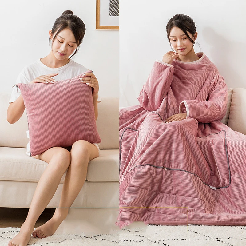 2 In 1 Thick Coral Fleece Pillow Blanket Office Portable Blankets Home Wearable Blanket With Sleeves