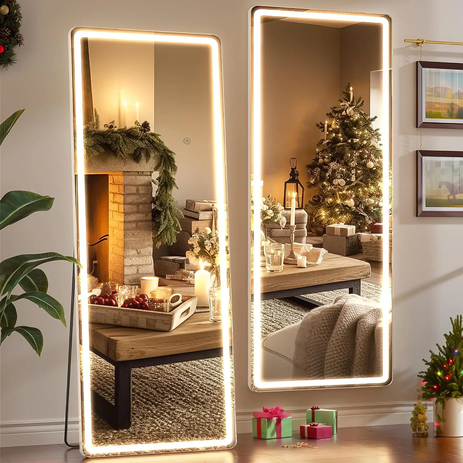 Free Standing Dressing Mirror with LED Lights, Full Length Mirror with 3 Temperature Colours and Storage Shelf Customized Silver