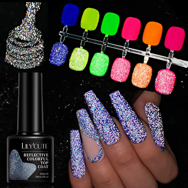 Super shiny quick dry reflective diamond disco laser rainbow color UV nail gel polish soak off Top coat for nails
