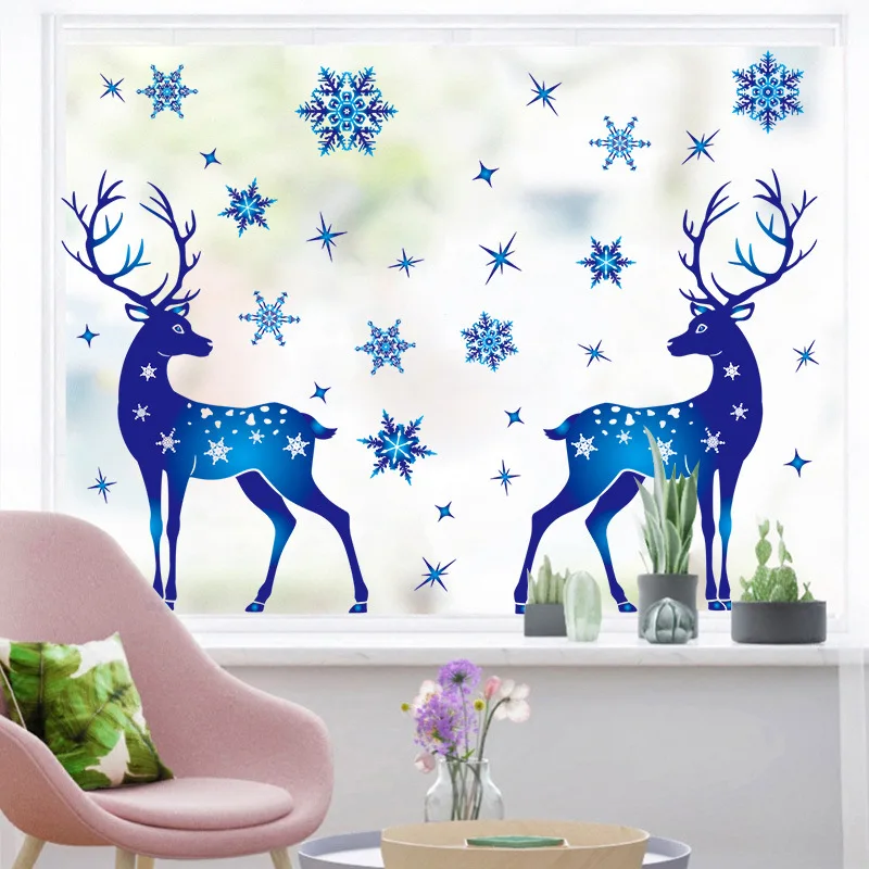 Blue Snowflake Elk Christmas Window Stickers PVC Static Cling Stickers Snowflake Glass Window Cling Stickers