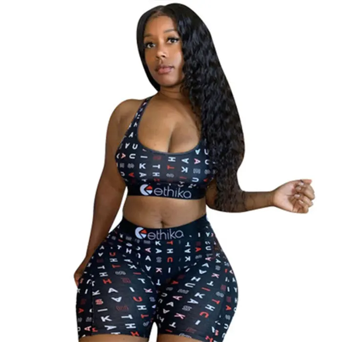 
Summer Letter Printing yoga gym sports crop top vest and short biker 2 pieces set women underwear Ethika pink shorts set 