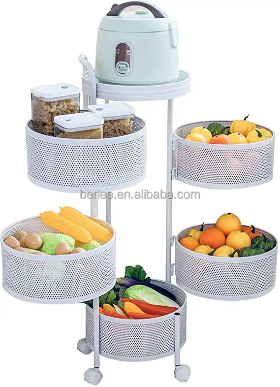 Rust-proof multifunction Metal Rotating Storage Service Trolley Kitchen for Fruit Vegetable