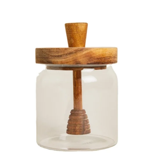 Стеклянная баночка для меда с деревянной ручкой и деревянной крышкой баночки для меда