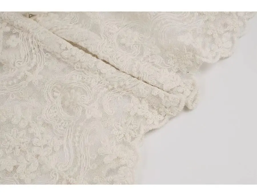 Beige Color V Neck Lace Flare Sleeve Embroidery Casual Trendy Tops For Women V-neck Vintage Hollowed Out Pearl Buckle Shirt