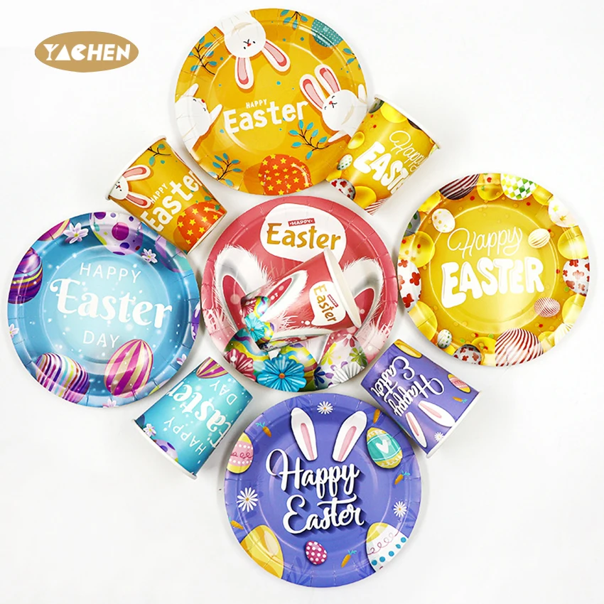 YACHEN 2024 Happy Easter Party Decoration Kids Disposable Tableware 7 9 inch Easter Paper Plates And Cups Set