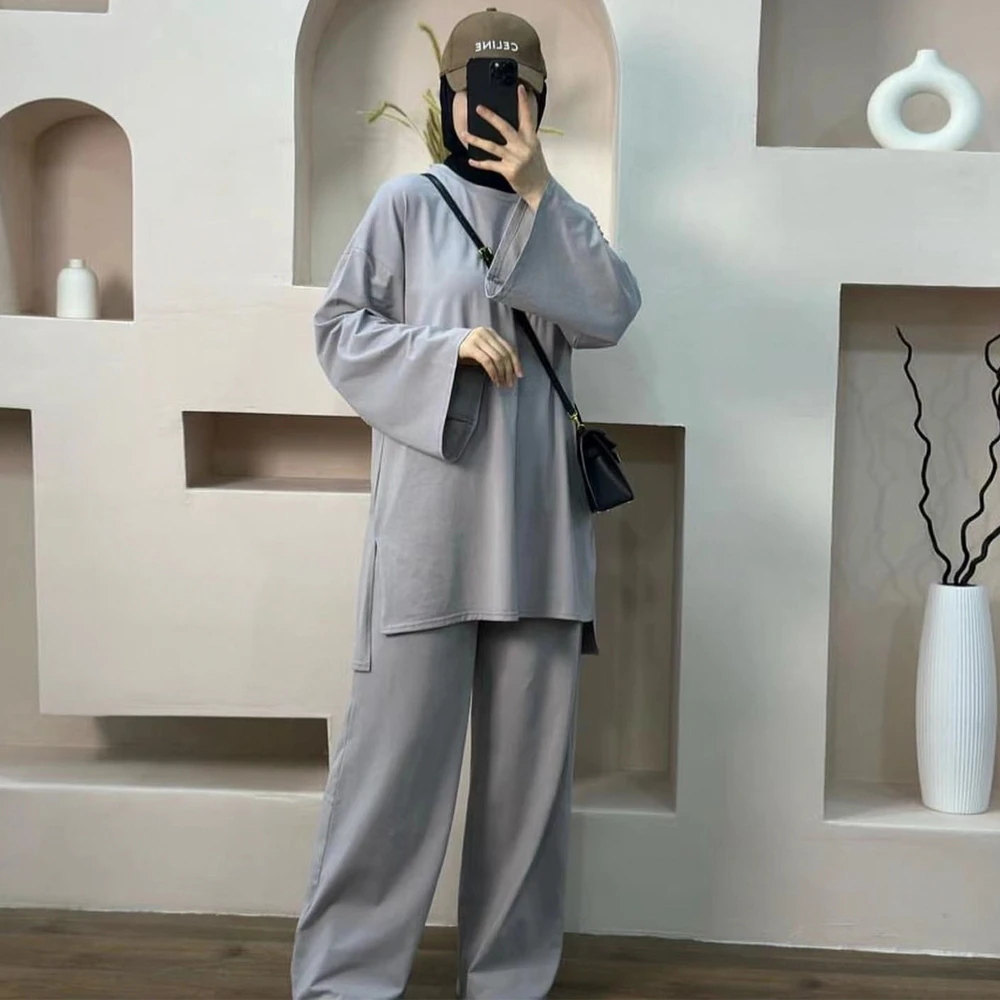 Winter Autumn Cotton Co Ords with Pants Pockets Modest Solid Color Muslim Women Islamic Clothing Wholesale Set Stock Abaya