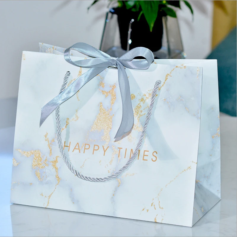 White marble golden luxury shopping bag with lovely handmade ribbon paper bag for Cosmetic packaging bags
