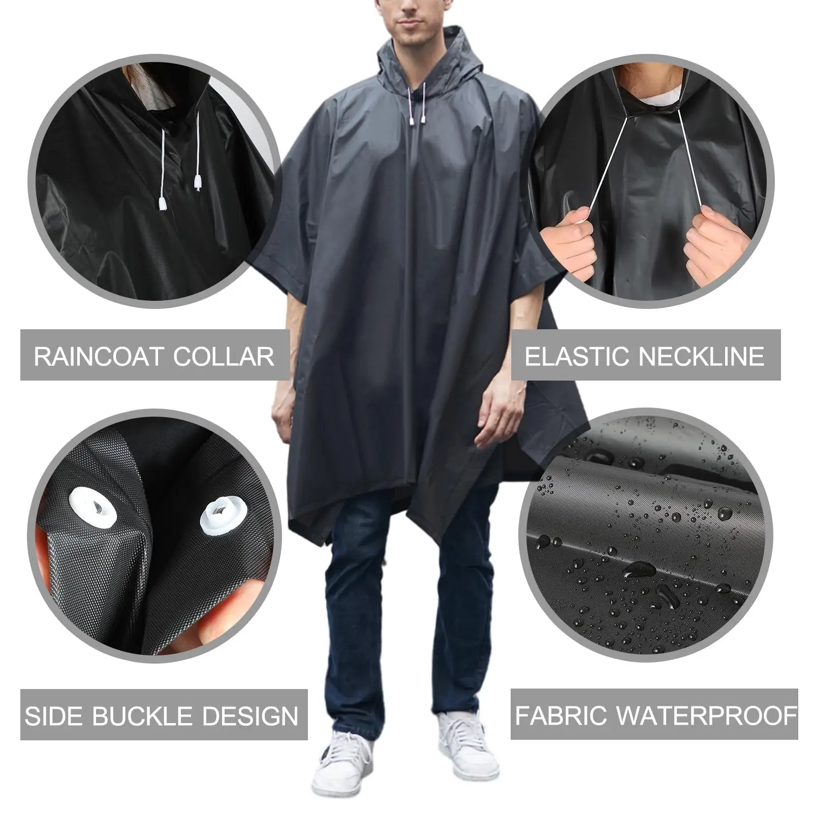 Reusable Black EVA Raincoat Waterproof Rain Poncho for Adults
