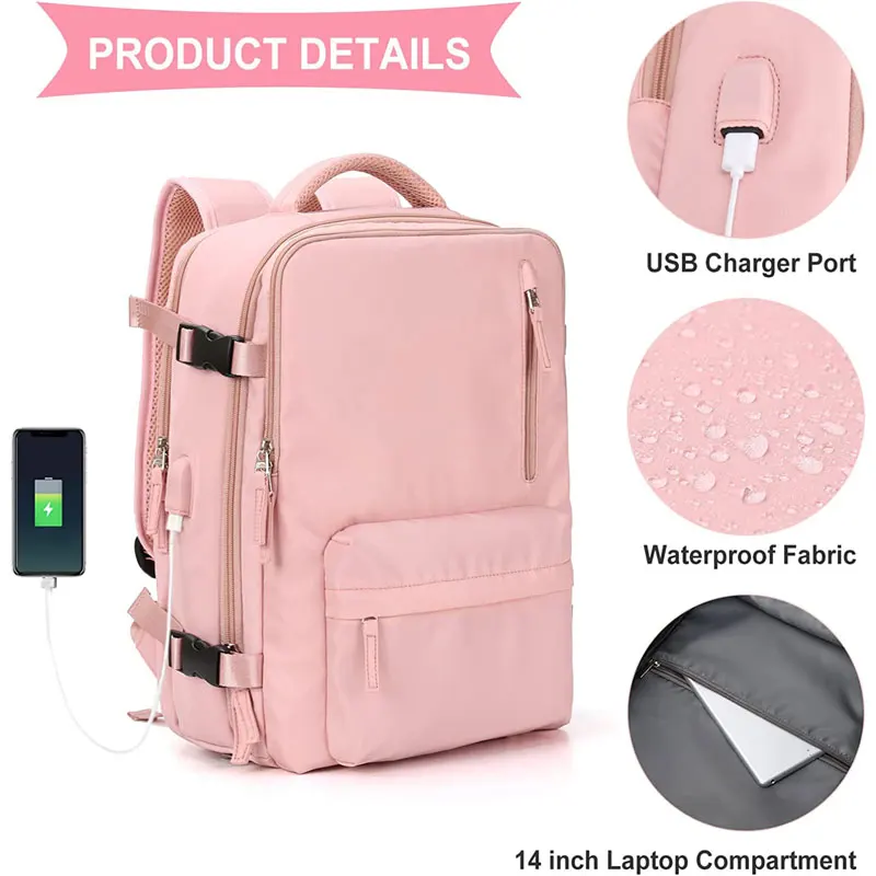 Business Pink Casual Daypack large capacity 40l carry on flight approved travel backpack With Shoe & Computer Compartment