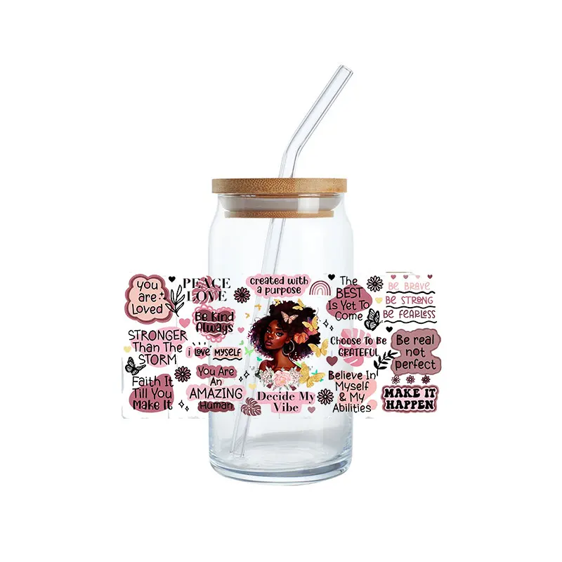 Custom design Self-Adhesive Black Girl UV DTF Cup Mugs cold Wrap film Transfer Stickers for 16oz 20oz Libbey Glass Tumbler