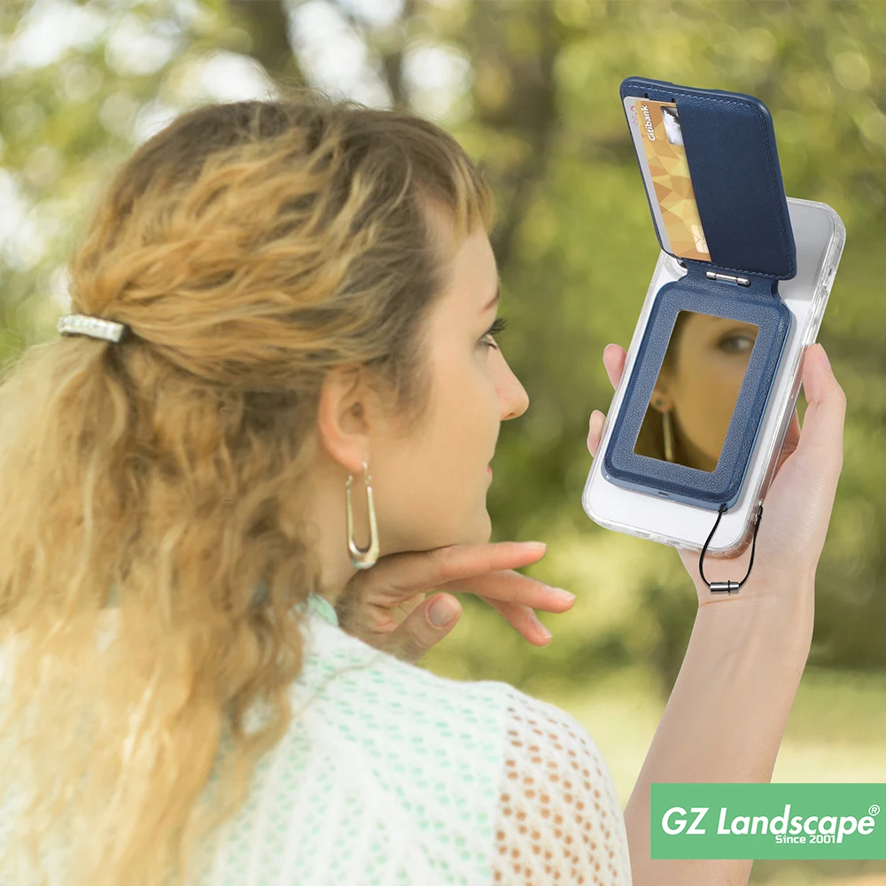 Custom leather mirror cell phone card holder stick on mobile phone back pocket magnetic wallet kickstand for iphone