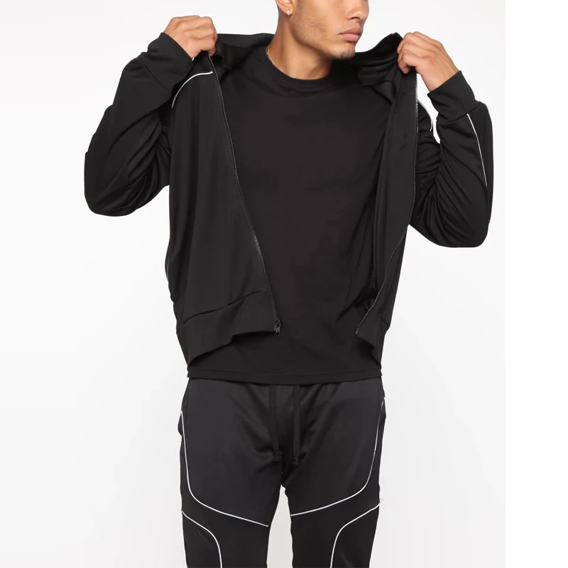 
New fashion design custom logo polyester reflective sweatsuit piping details men sportswear tracksuits 