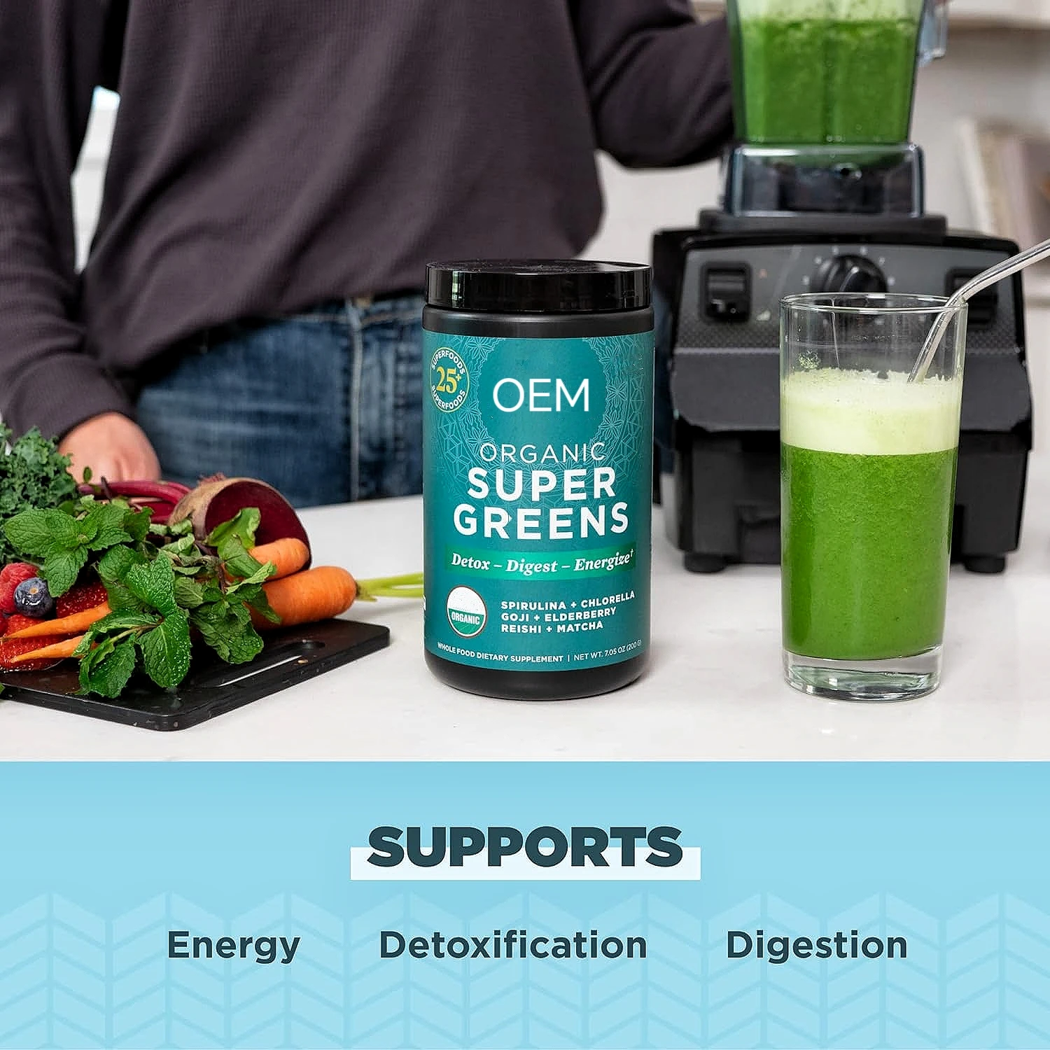 OEM Super Green Powder Spirulina Mix Powder Organic Superfood with Probiotic Chlorella Matcha Enzymes for indigestion person