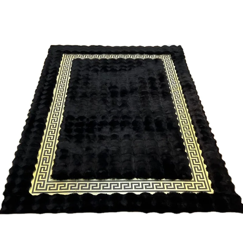 Home Decor Elegant Geometric Area Rug turkish Luxury Soft Shaggy runner rugs golden Plush Black Gold Faux Fur Large Floor Rug