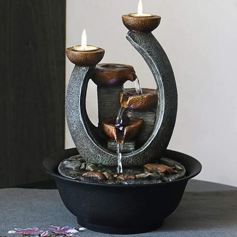 Wholesale Fengshui Tabletop Water Fountains Indoor Relaxation Waterfall Fountain With Candle Holder and Light For Home Decor