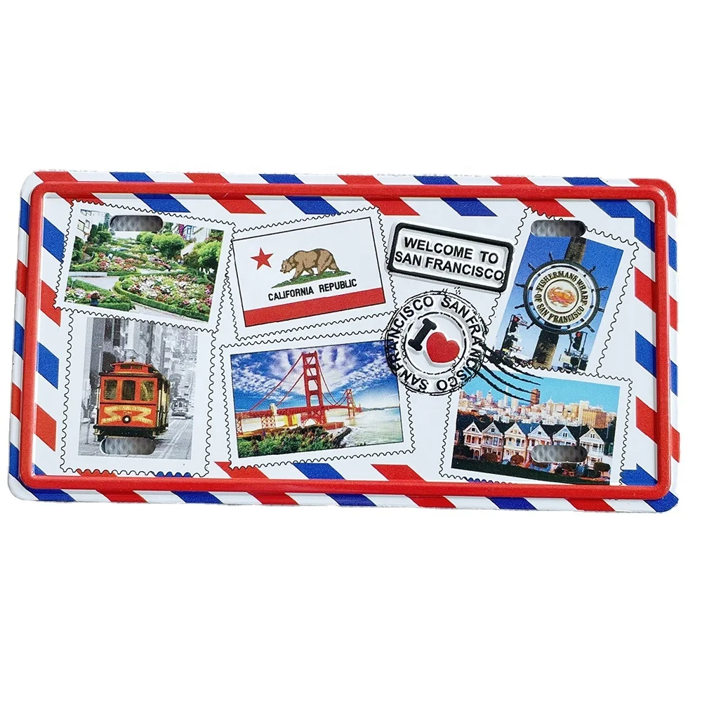 San Francisco Custom License Plate USA Souvenir Raised Printing Aluminum Fridge Magnet Die Cut with Tourist Logo Theme