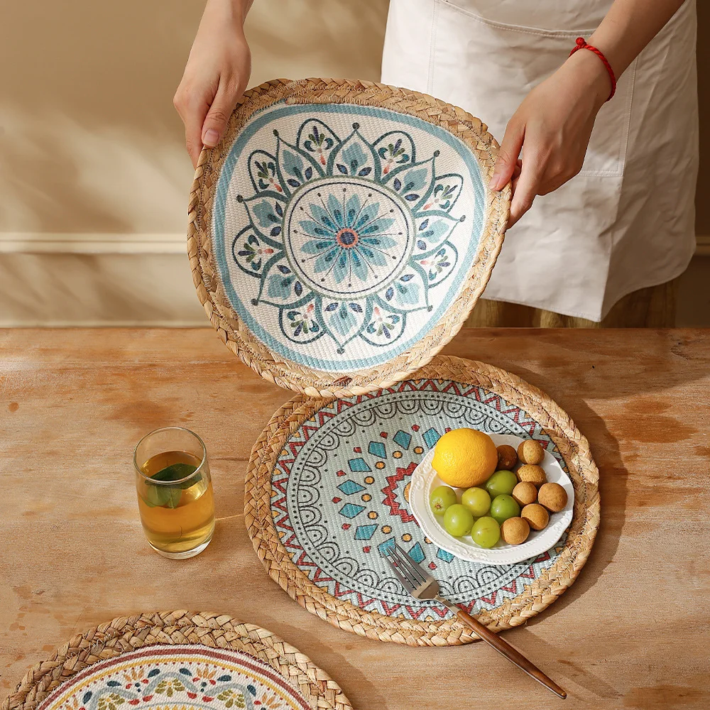 Handmade Natural Braided Tabletop Round Heat Insulation Cotton Rope Tablemat Outdoor Luxury Water Hyacinth Placemat Table Mat