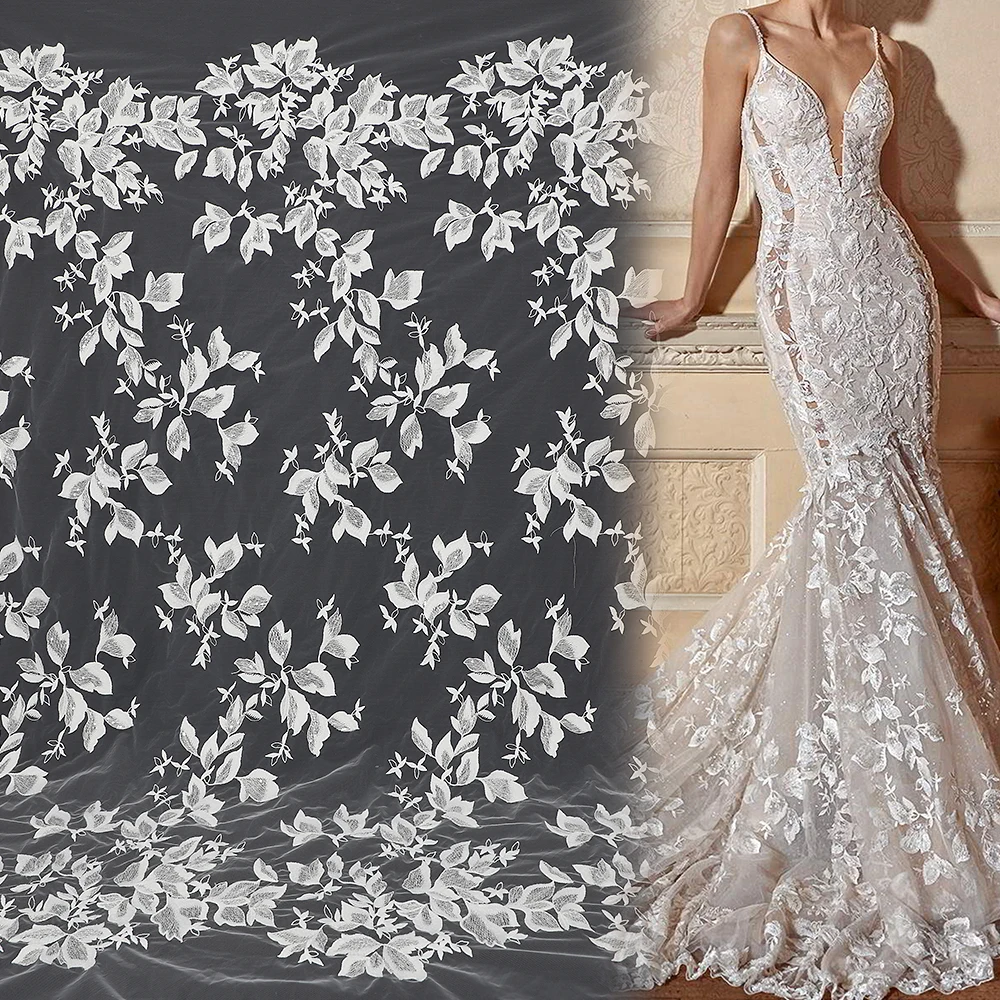 Yanzi 2022 White Wedding Lace Fabric With Sequins Bridal Floral Embroidery Tulle Mesh Lace Fabric For Dress Making