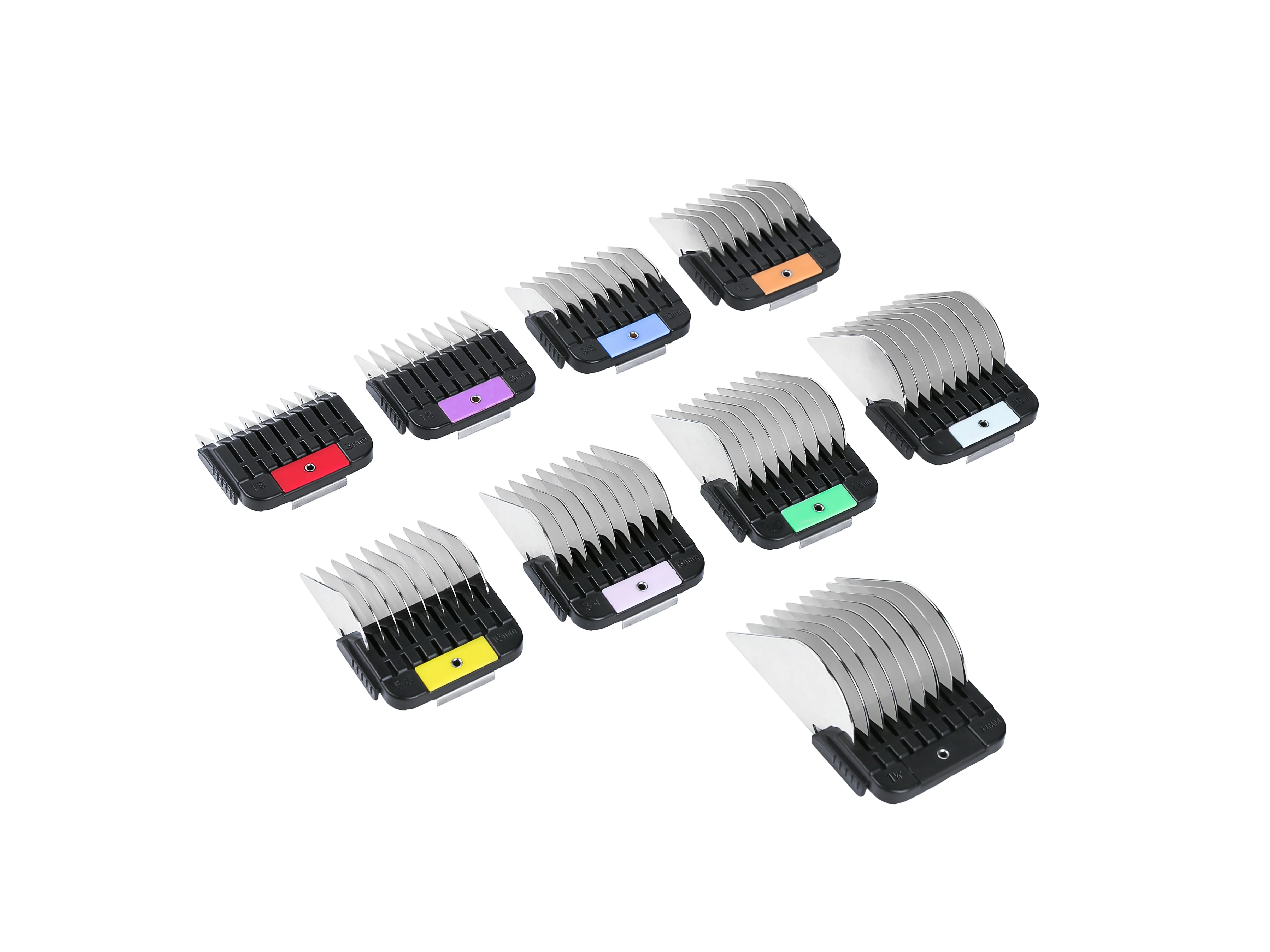OEM A5 Snap Comb Set 9 Sizes Colorful Attachment Clipper Guard with 3mm-32mm Metal Blades for Pet Grooming and Barber Use