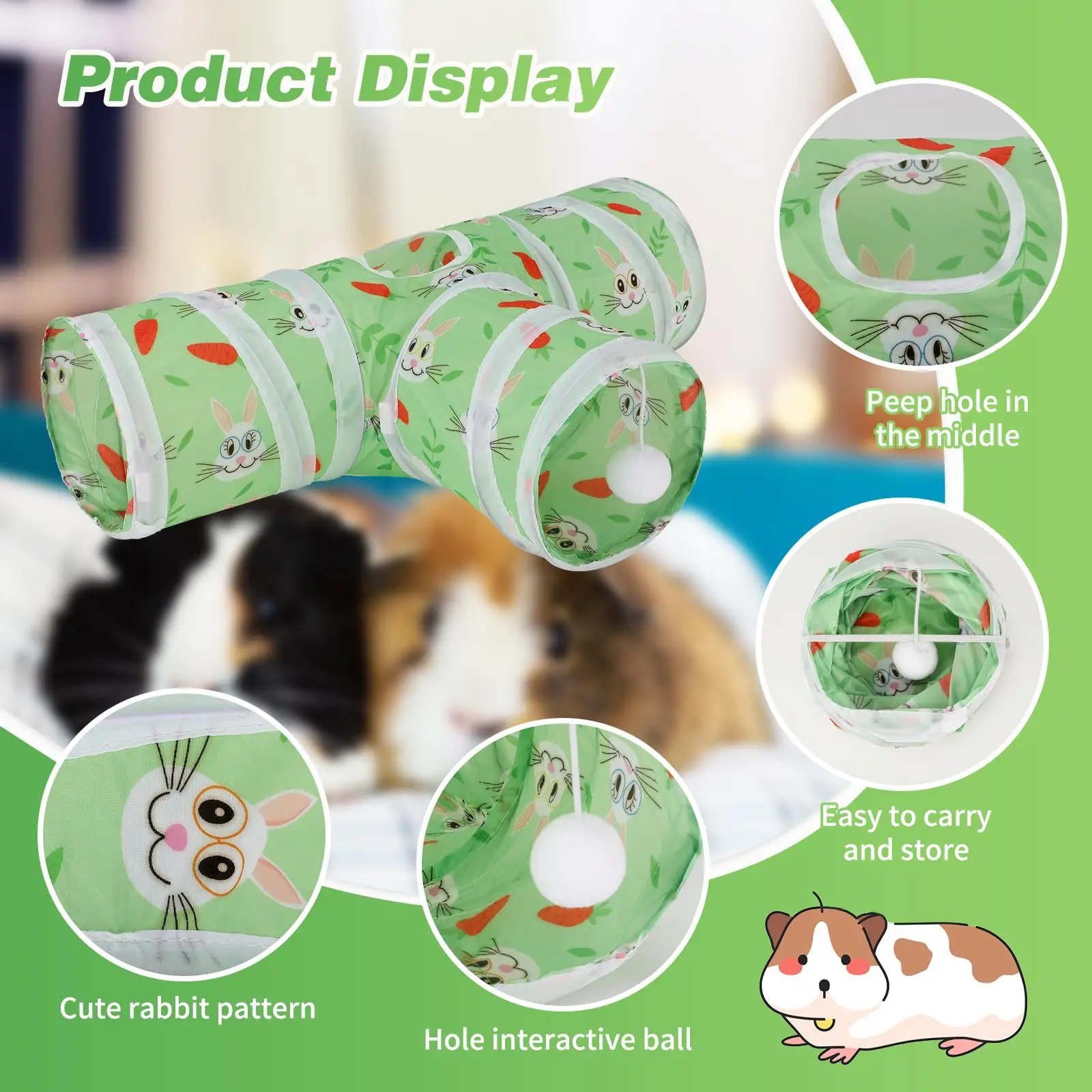 Guinea Pig Tunnel 3 Way Collapsible Small Pet Tunnels and Tubes with Interactive Ball for Baby Rabbit Ferret Hamster Chinchilla