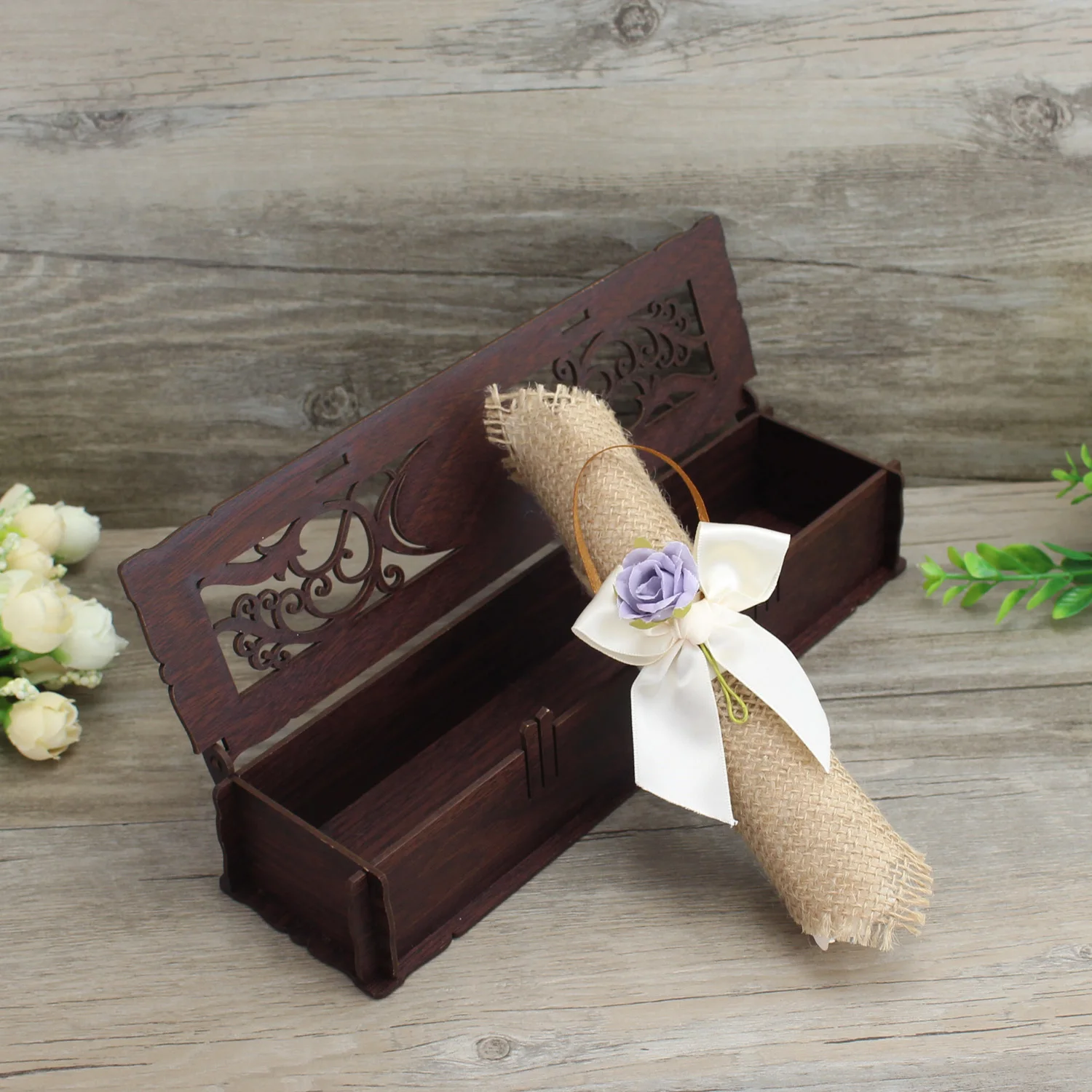 Creative Design Laser Cut Wooden Box With Scroll Wedding Invitation and Birthday Cards Save the Date