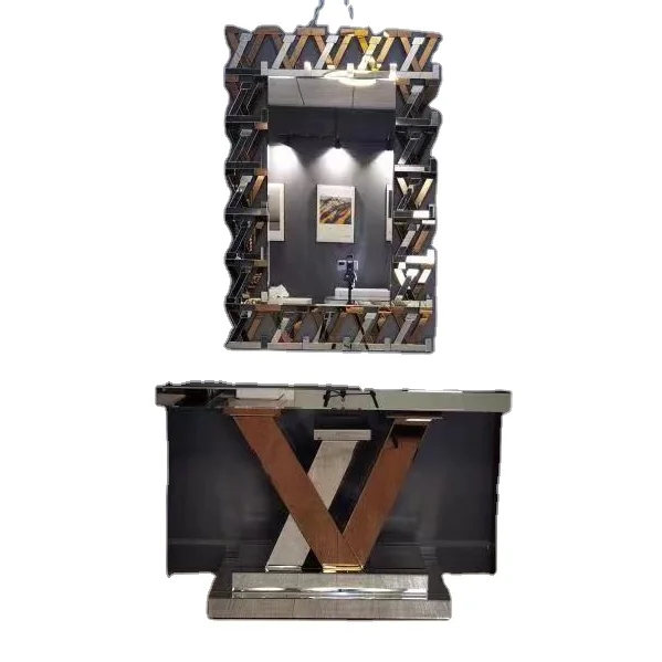 Modern Luxury L V Shape Gold And Mirrored Glass Console Table With Square Mirror Set Sideboard Vintage