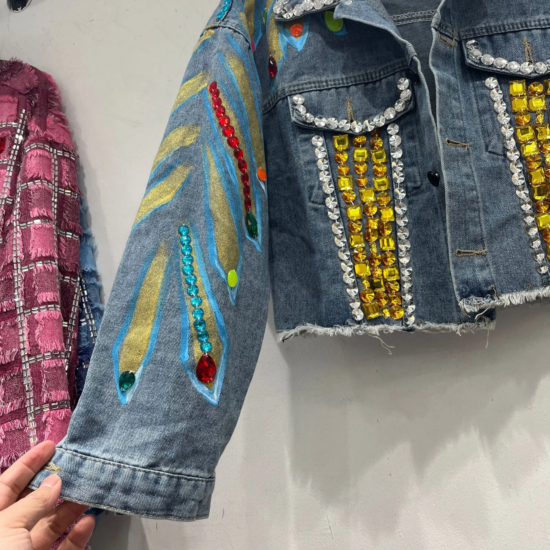 Spring style women denim jacket short pattern fashion jackets with crystals pearl beading denim coat