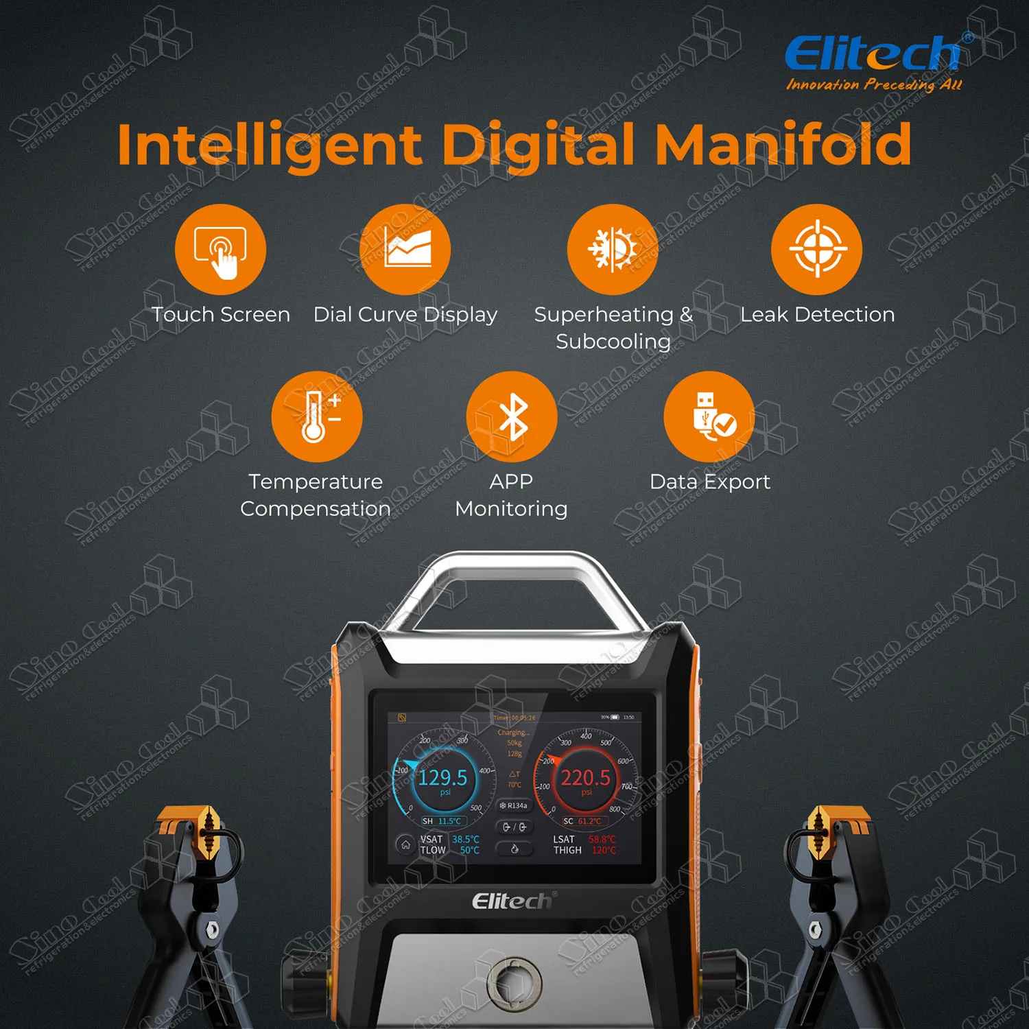 Elitech MS-2000 Smart Touch Screen Smart HVAC Digital Bluetooth Manifold Gauge 2 Valves