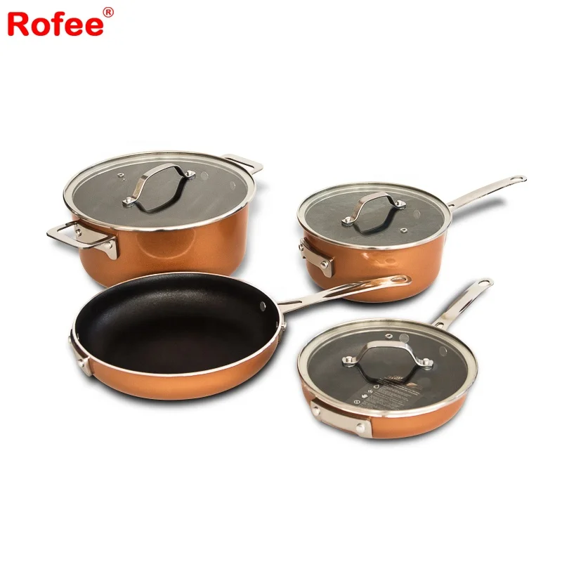 New design cookware set copper dutch oven nonstick fry pan sauce pot with flat glass lid