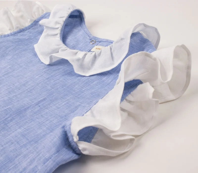 Blue linen girl shirts Hot Solid Ruffle Trim Sleeveless Blouse  Cheap Wholesale Children Shirt Spring and summer