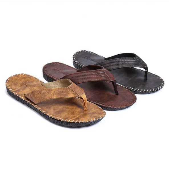 Wholesale Summer Men Fashionable Beach Flip Flops Thong Leather Slippers Sandals Men Casual Shoes