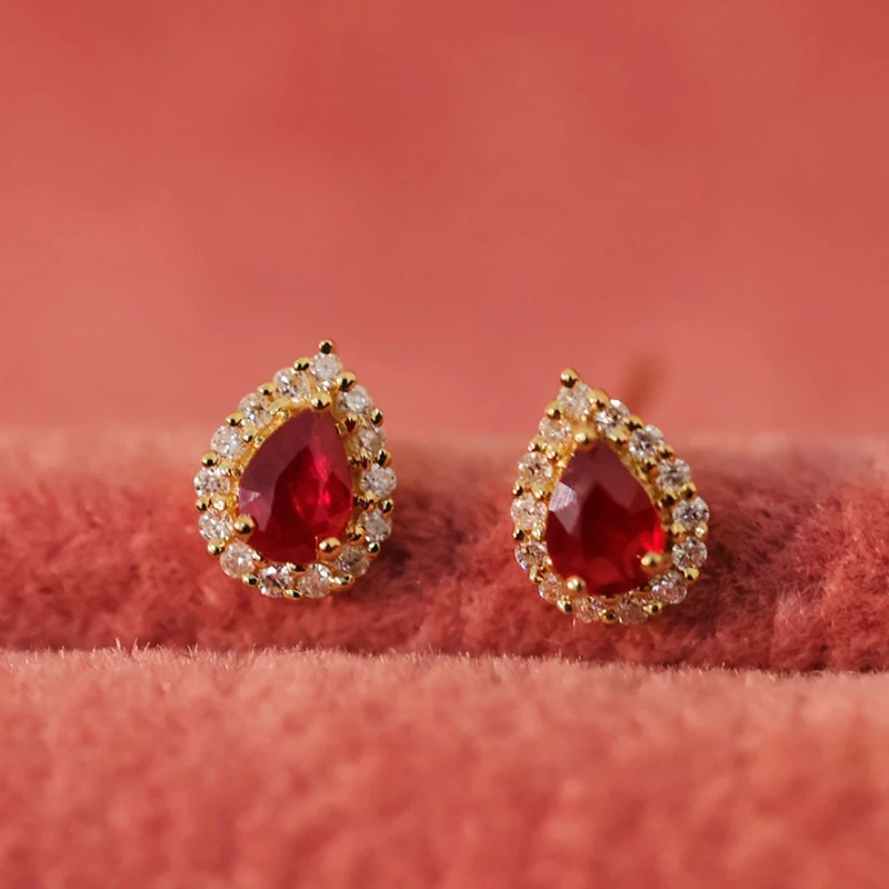 18k Gold Drop Ruby colored jewel earrings for women inlaid with diamonds wrapped in natural pigeon blood earrings