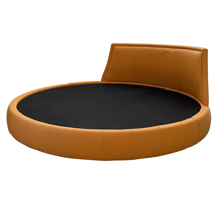 Low MOQ custom furniture modern large size round platform bed orange leather bed wooden frame for sale