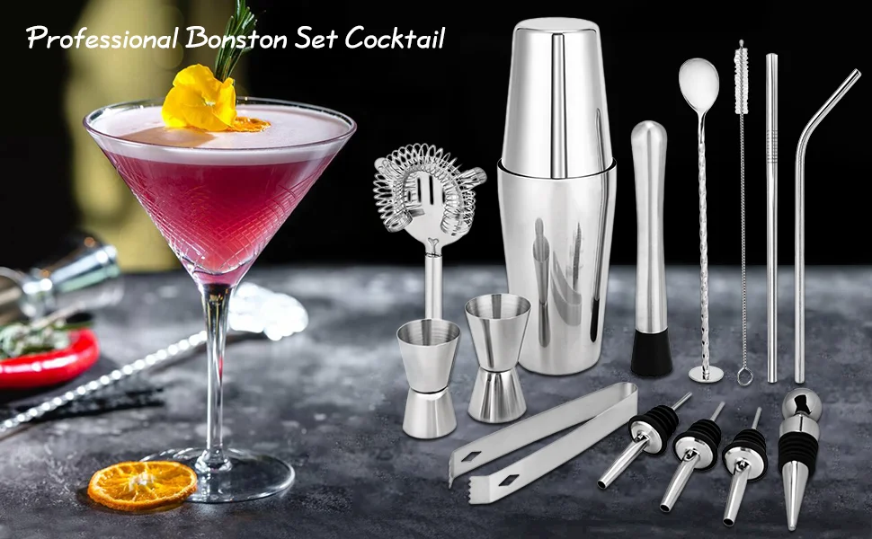 Wuyi Camol Complete 15pcs Boston Cocktail Shaker Set - 750ml+600ml Shakers - Pro Bar Tools - Boston Cocktail Shaker