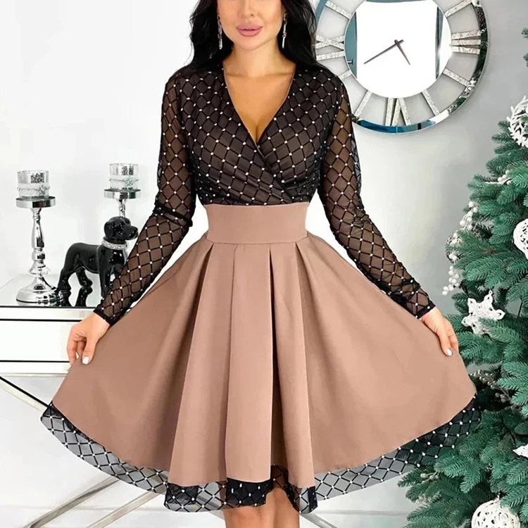 2022 Spring Mesh Stitch A Line Ladies Turkey Office Dresses Women Elegant Long Sleeve Female African Career Dress With Belt