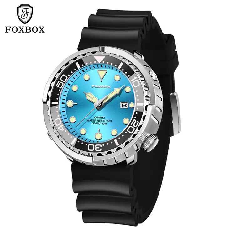 FOXBOX FB0024 high quality Custom Logo man timepiece  Silicone strap Waterproof date display low moq Casual wristwatch
