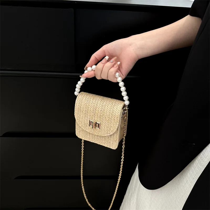 Mini Straw Braided Pearl Chain Shoulder Crossbody Bag Vintage Custom Designer Handbag Summer Fashion Bags For Ladies Girls
