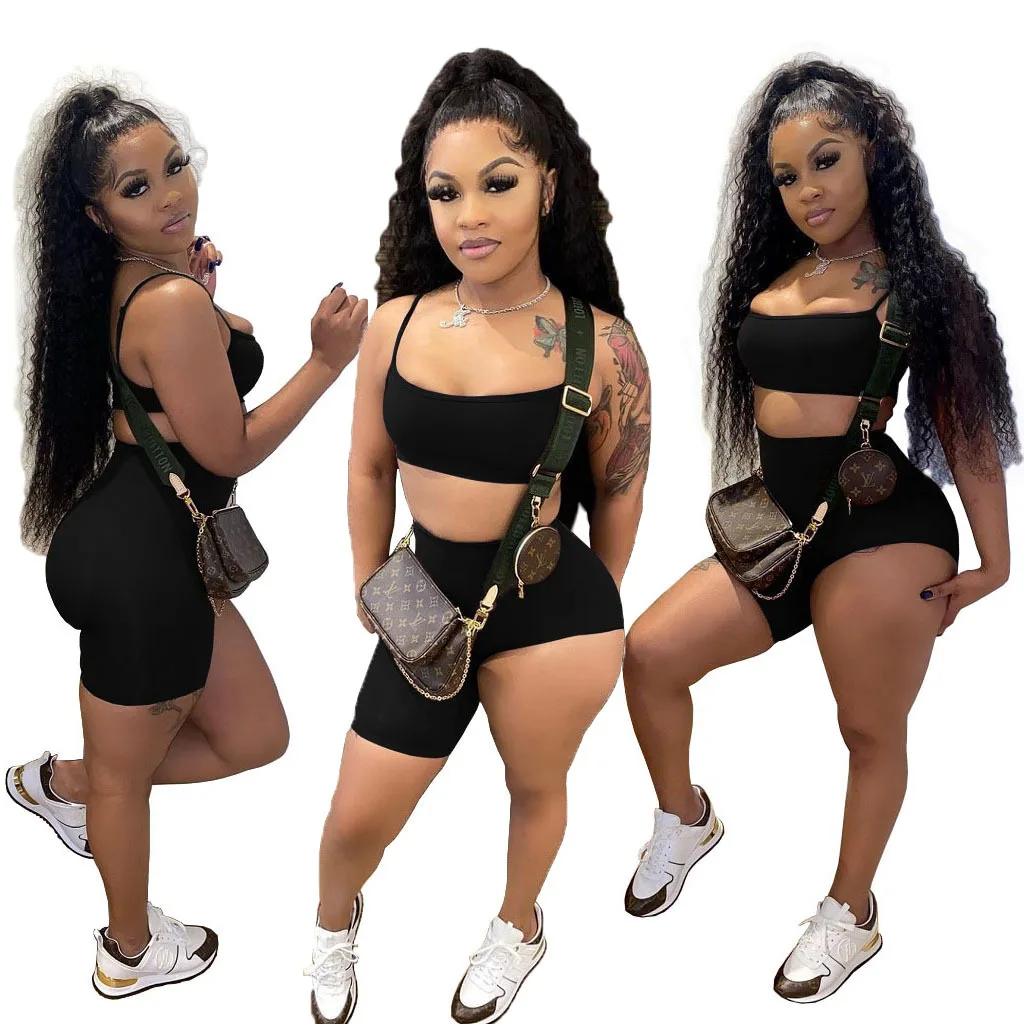 2022 Summer Neon Two Piece Low Cut 2 Piece Set Women Clothing Sport Backless Crop Top And Short Set