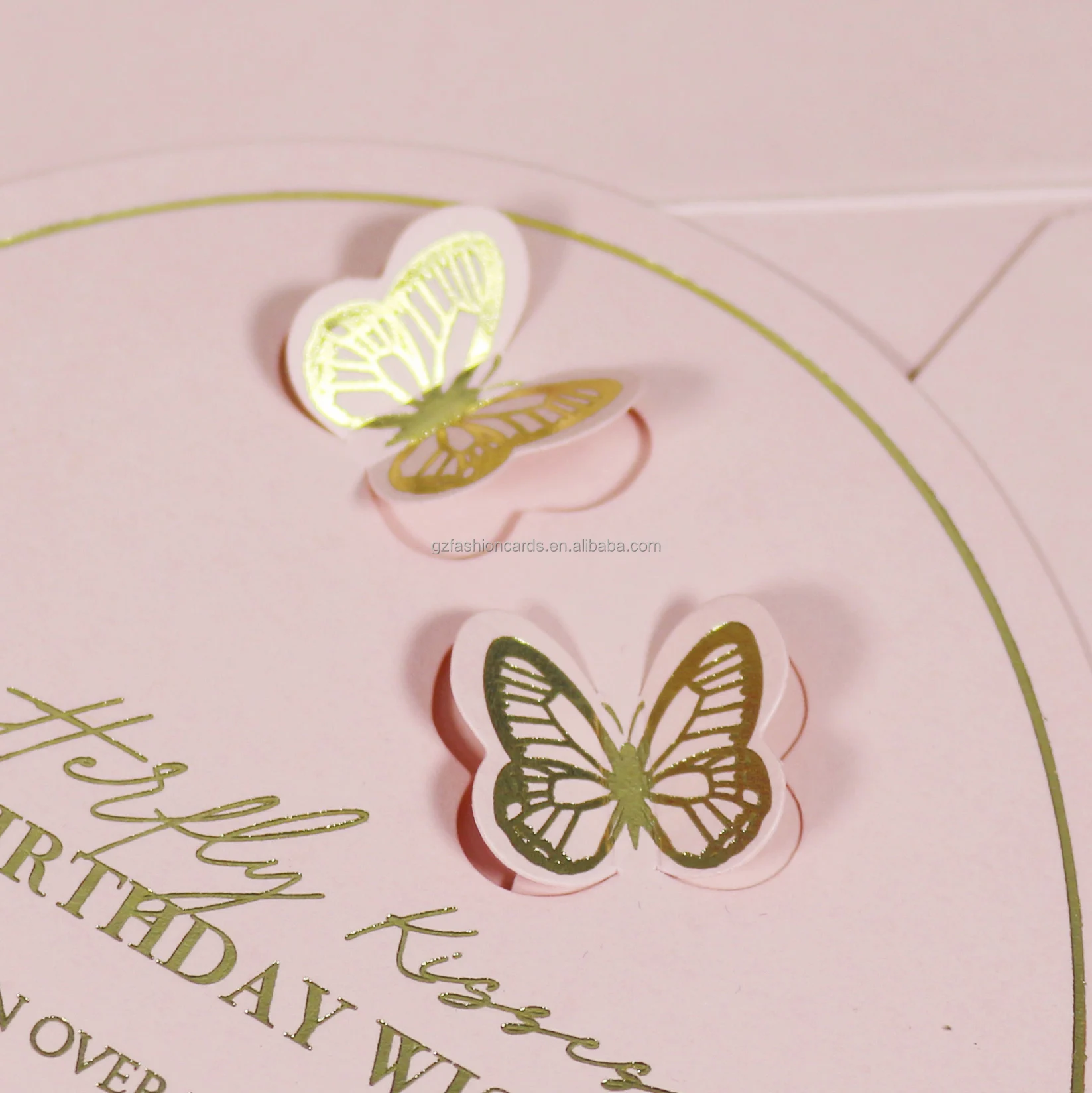 Pink Laser Cut Butterfly 16 Quinceanera Invitation With Gold Foil Printing